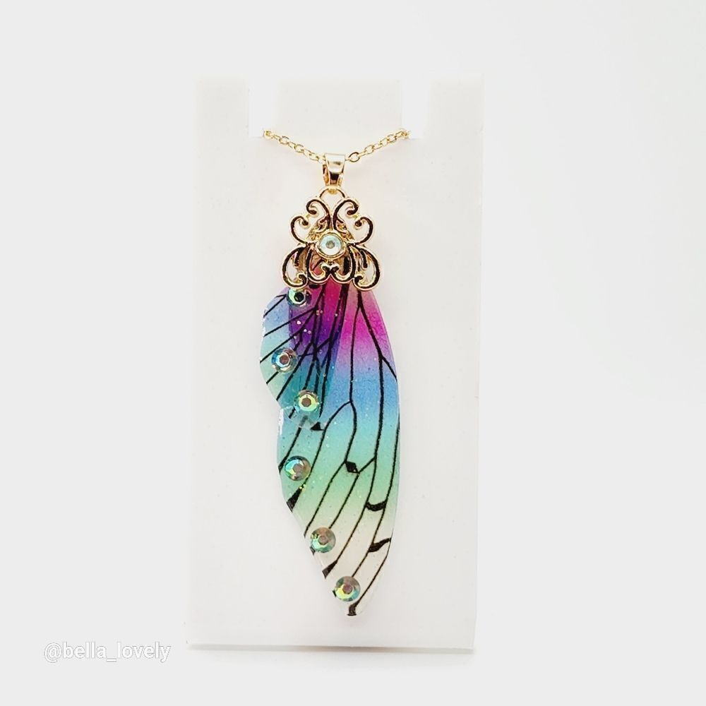 Sparkly Blue Pink Green Fairy Wing Necklace Gift Jewelry Gold Toned
